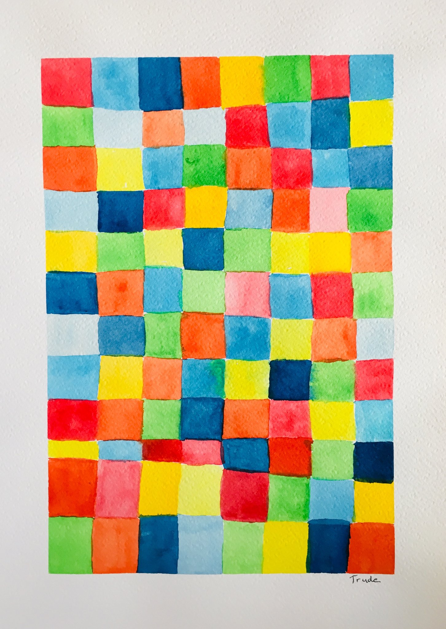 Dense grid of multicoloured watercolour squares — red, blue, yellow, green, orange